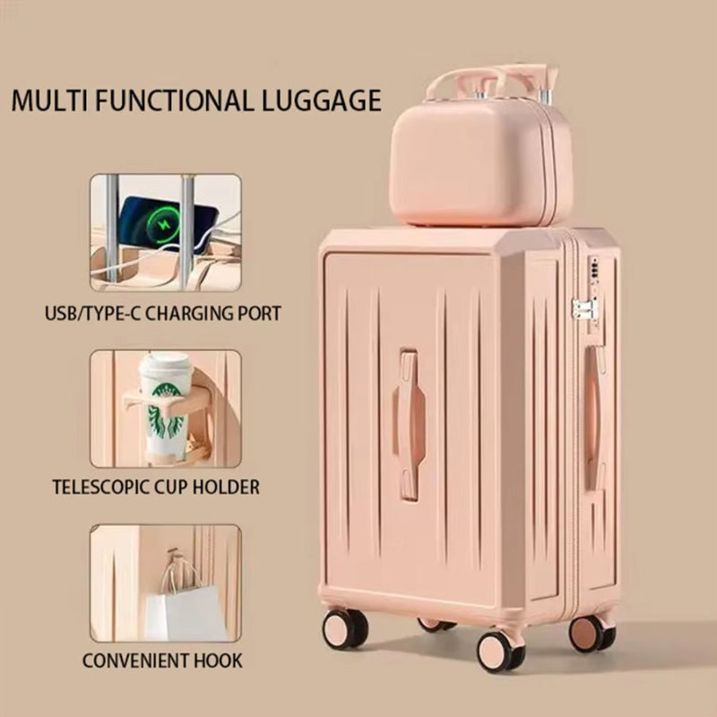 New Combination Luggage with USB Charging Port and Cup Holder, Large Capacity Pull Rod Luggage