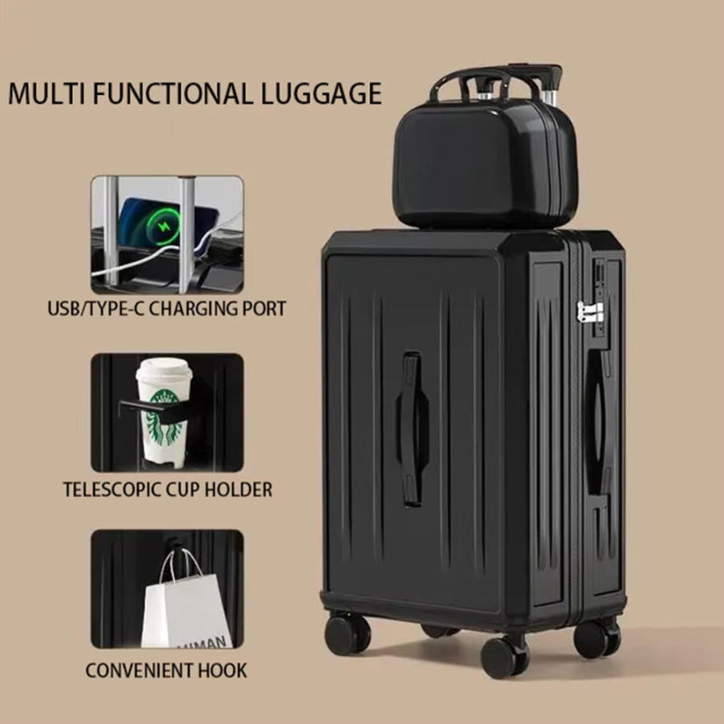 New Combination Luggage with USB Charging Port and Cup Holder, Large Capacity Pull Rod Luggage