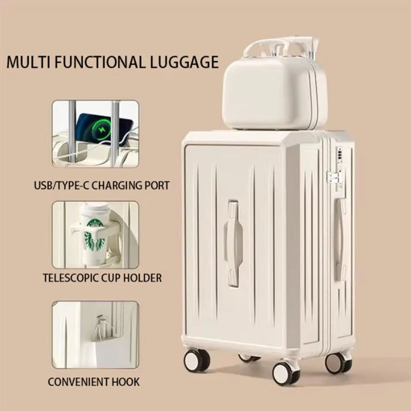 New Combination Luggage with USB Charging Port and Cup Holder, Large Capacity Pull Rod Luggage