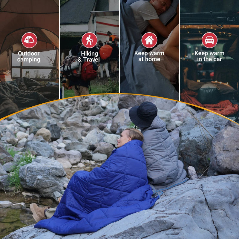 Camping Blanket Puffy, Lightweight Multifunctional Outdoor & Indoor Blanket with Snap Button, Water Repellent, Backpacking Quilt for Travel, Airplane, Hiking, Picnic, 69" X 53", Blue