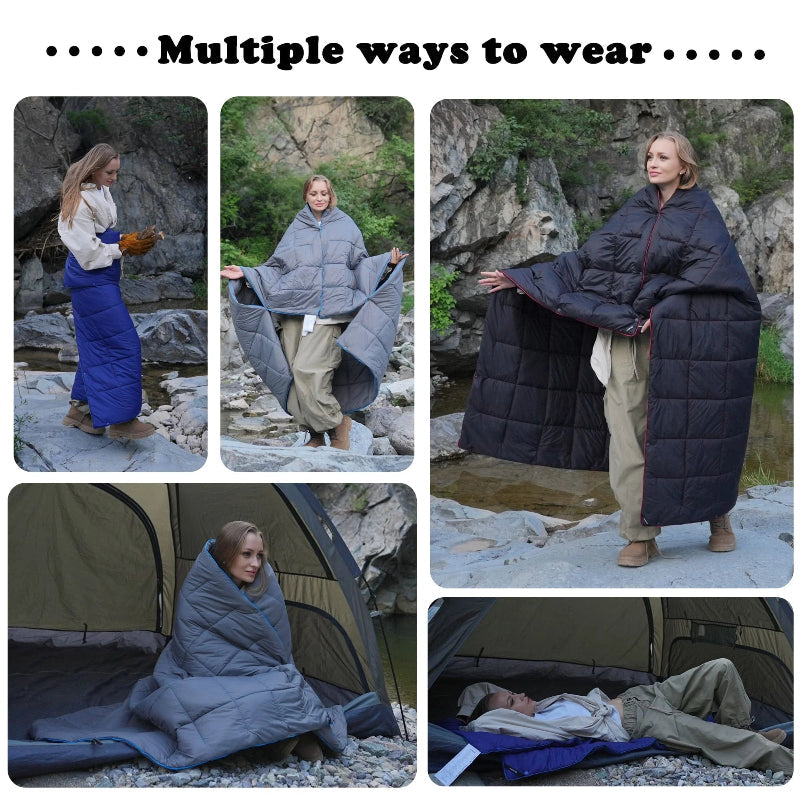Camping Blanket Puffy, Lightweight Multifunctional Outdoor & Indoor Blanket with Snap Button, Water Repellent, Backpacking Quilt for Travel, Airplane, Hiking, Picnic, 69" X 53", Blue