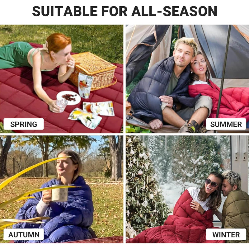 Camping Blanket Puffy, Lightweight Multifunctional Outdoor & Indoor Blanket with Snap Button, Water Repellent, Backpacking Quilt for Travel, Airplane, Hiking, Picnic, 69" X 53", Blue
