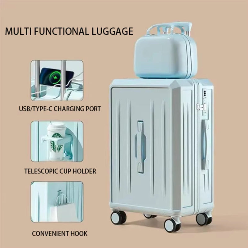 New Combination Luggage with USB Charging Port and Cup Holder, Large Capacity Pull Rod Luggage