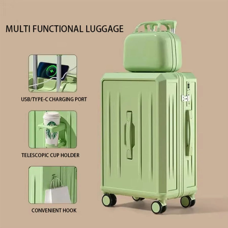 New Combination Luggage with USB Charging Port and Cup Holder, Large Capacity Pull Rod Luggage