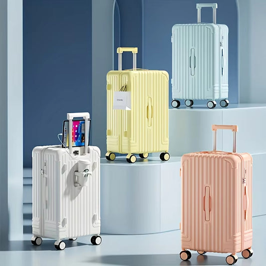 New Combination Luggage with USB Charging Port and Cup Holder, Large Capacity Pull Rod Luggage