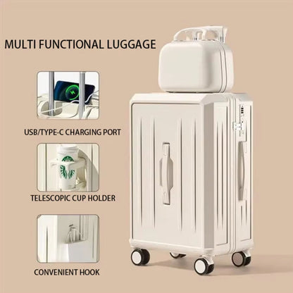 New Combination Luggage with USB Charging Port and Cup Holder, Large Capacity Pull Rod Luggage