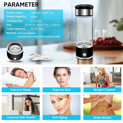 Portable Hydrogen Water Bottle Generator, Ion Water Bottle Improve Water Quality in 3 Minutes, Water Ionizer Machine Suitable for Home, Office, Travel and Daily Drinking (Black)